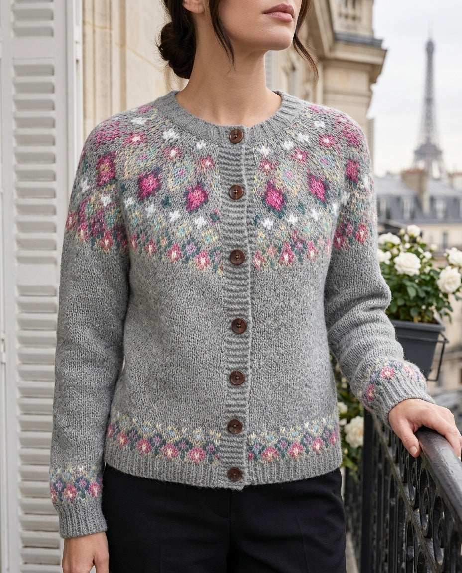 Cardigan en maille pour femme à motif jacquard, boutons en bois, manches raglan, bordures côtelées, style décontracté, chaud et confortable | Sansoti