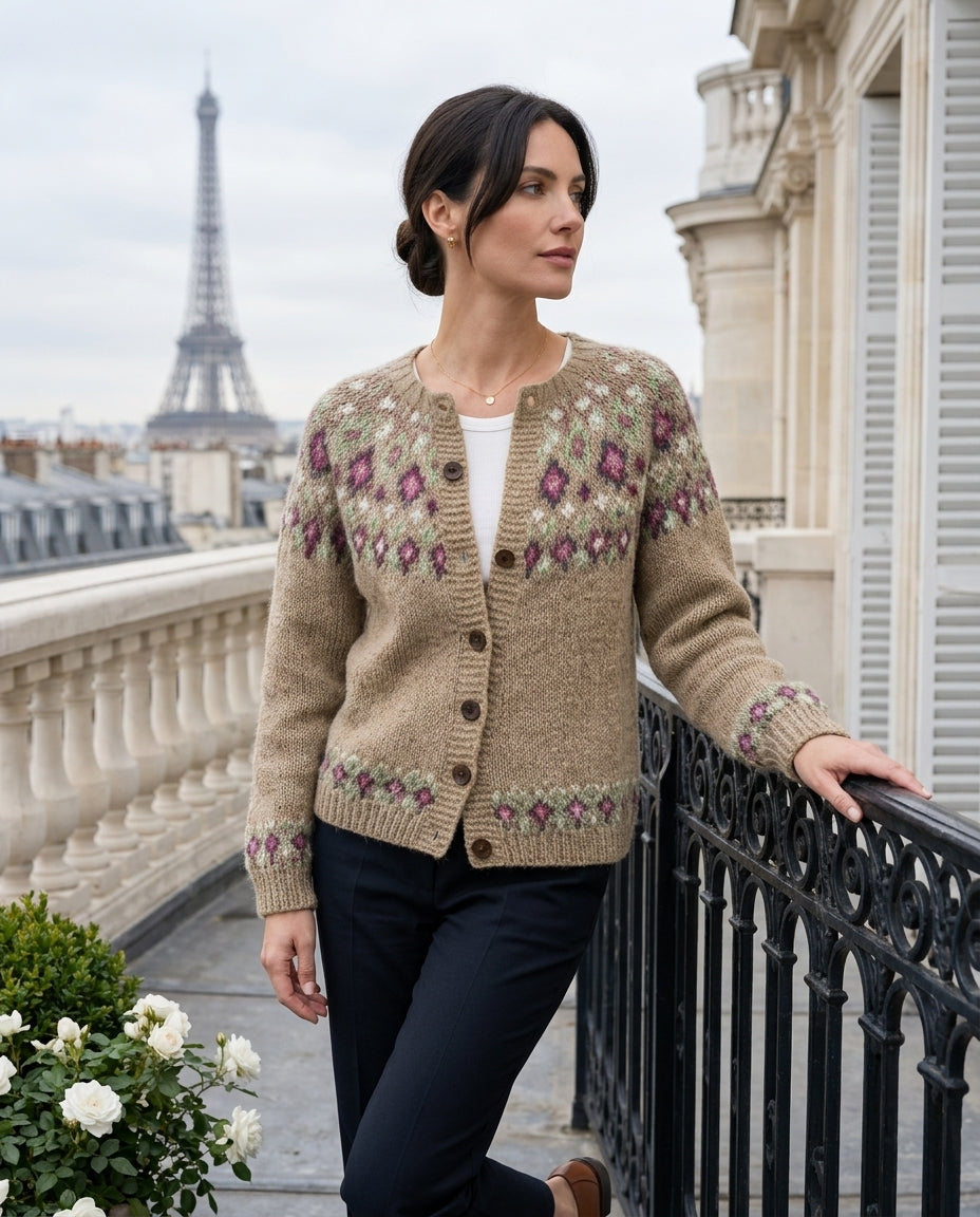 Cardigan en maille pour femme à motif jacquard, boutons en bois, manches raglan, bordures côtelées, style décontracté, chaud et confortable | Sansoti