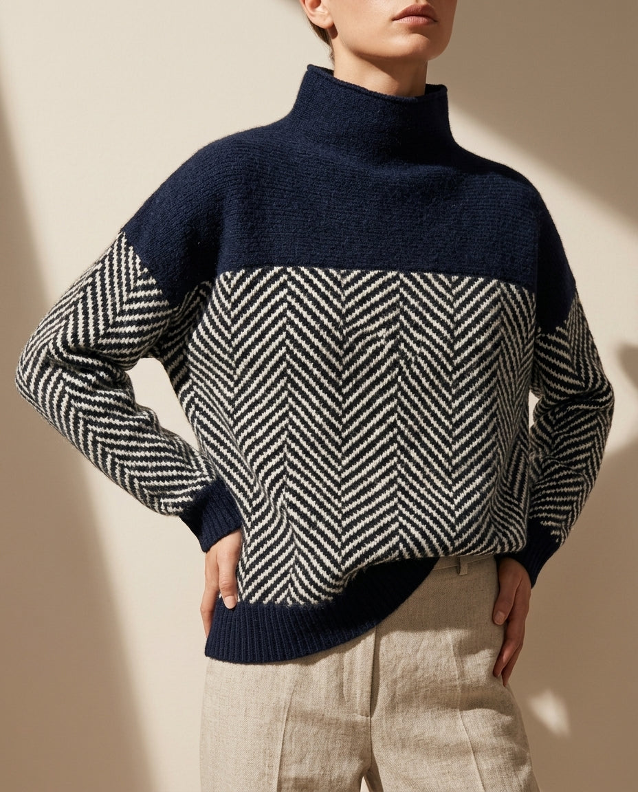 Gebreide Dames Trui met Visgraatpatroon Opstaande Kraag Winterkleding Warm Herringbone Design Pullover | Sansoti