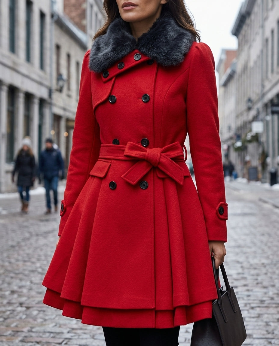 Dames Winterjas Wol met Bontrand Gelaagde Peplum Taillekoord Dubbele Sluiting Warm Figuurvleiend Elegant | Sansoti