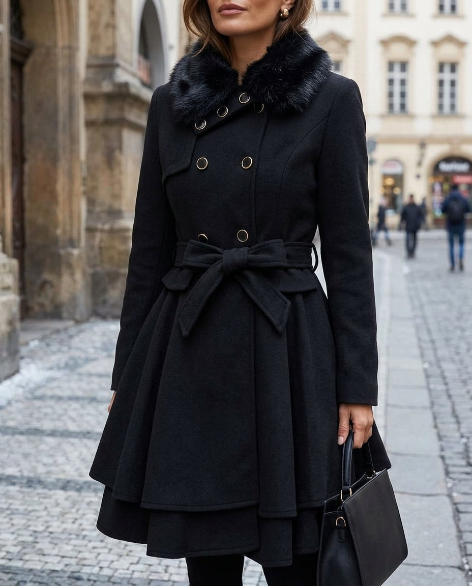 Dames Winterjas Wol met Bontrand Gelaagde Peplum Taillekoord Dubbele Sluiting Warm Figuurvleiend Elegant | Sansoti