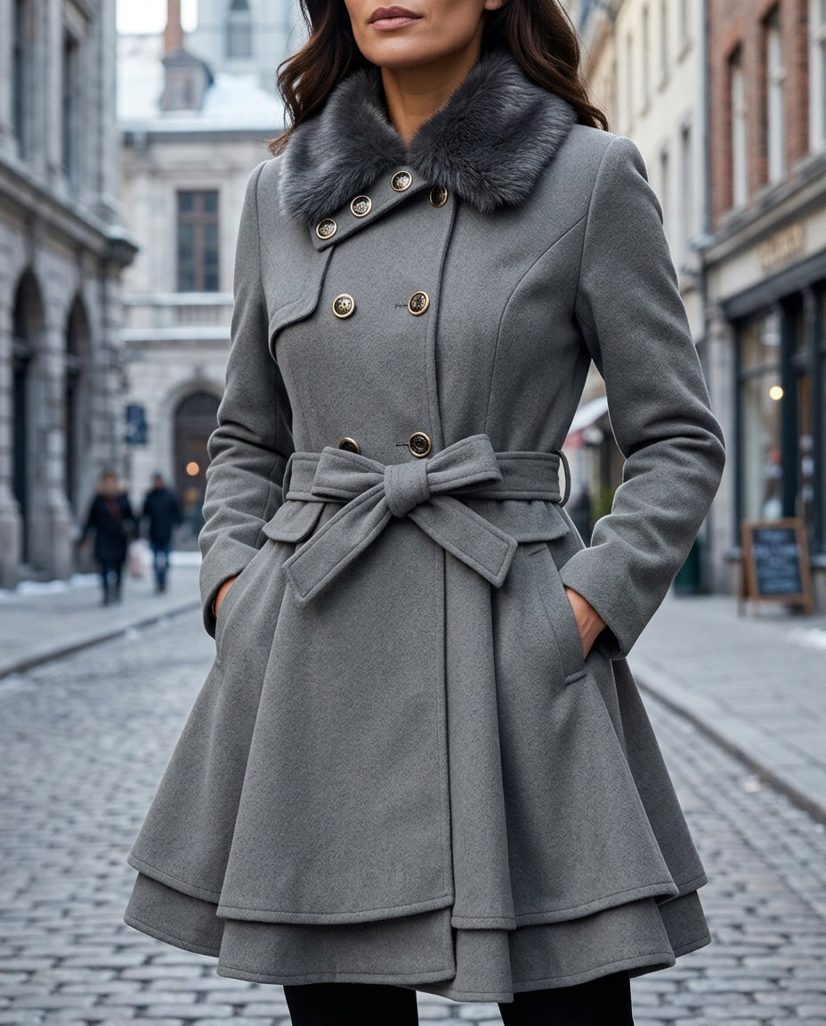 Dames Winterjas Wol met Bontrand Gelaagde Peplum Taillekoord Dubbele Sluiting Warm Figuurvleiend Elegant | Sansoti