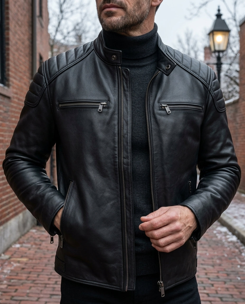 Chaqueta de moto de cuero para hombre, estilo vintage, hombros acolchados, cuello alto, aspecto envejecido, clásica chaqueta motera | Sansoti