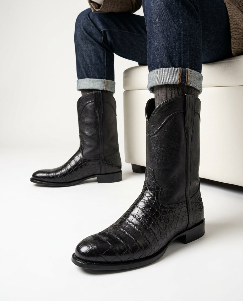 Leren Heren Laarzen Croco Structuur Handgemaakt Westernstijl Slip-on Comfortabel Duurzaam Stevig Schoeisel | Sansoti
