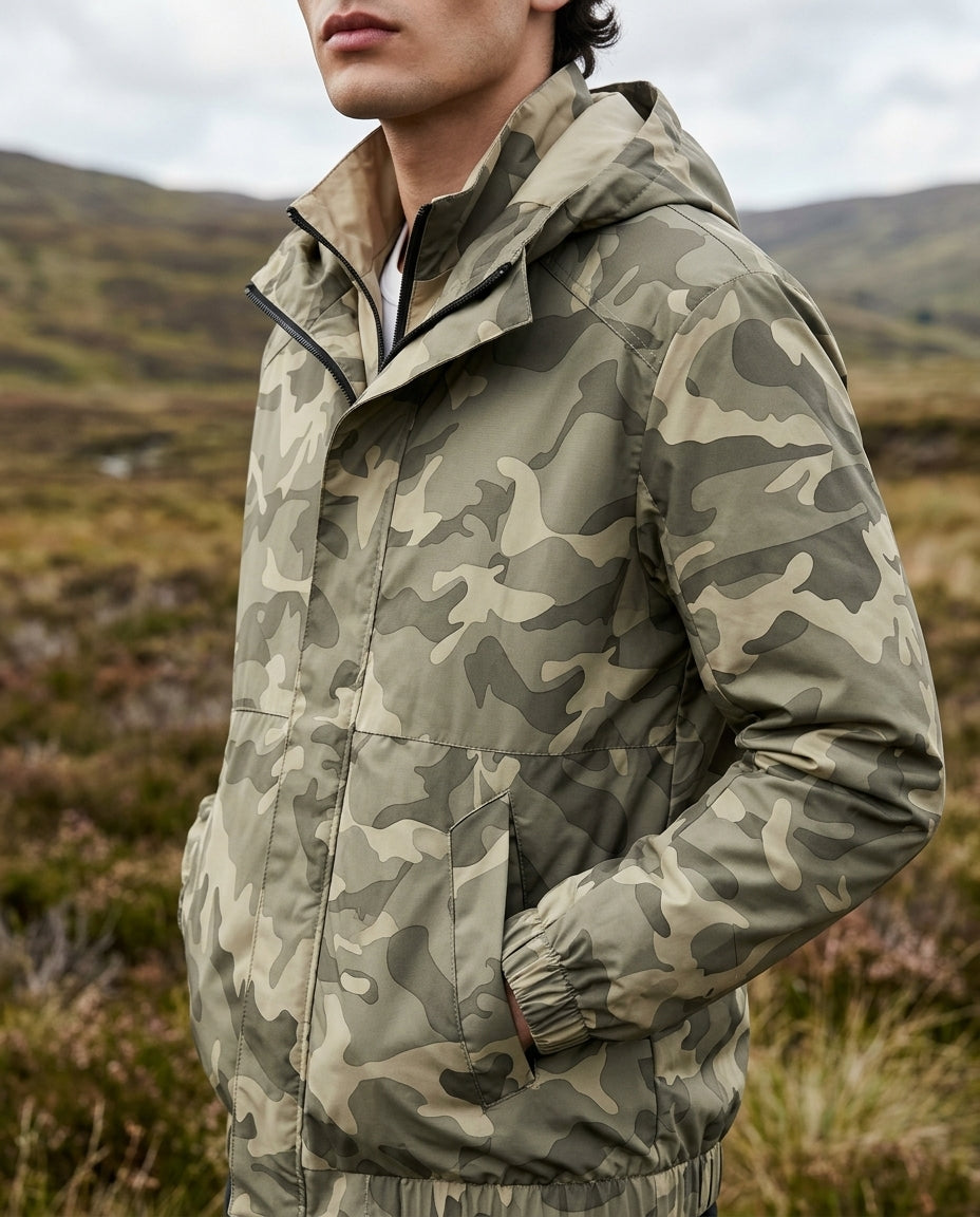 Herren-Tarnmuster-Winterjacke, wattiert und gefüttert, mit Kapuze, wasserabweisend, für Outdoor-Aktivitäten und Wanderungen | Sansoti