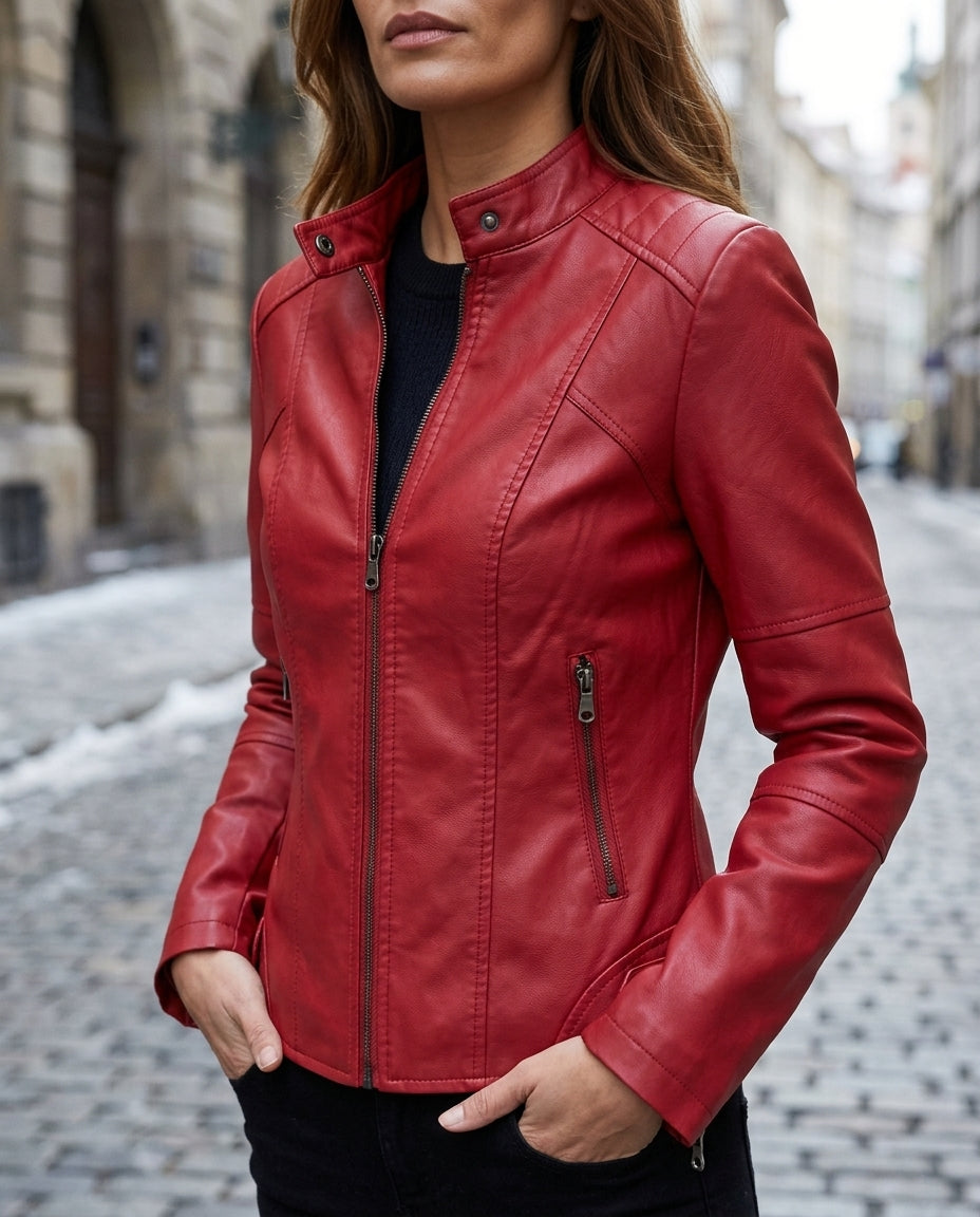 Veste de moto en cuir pour femme - Modèle cintré avec fermeture éclair et boucle - Veste courte de motarde noire | Sansoti