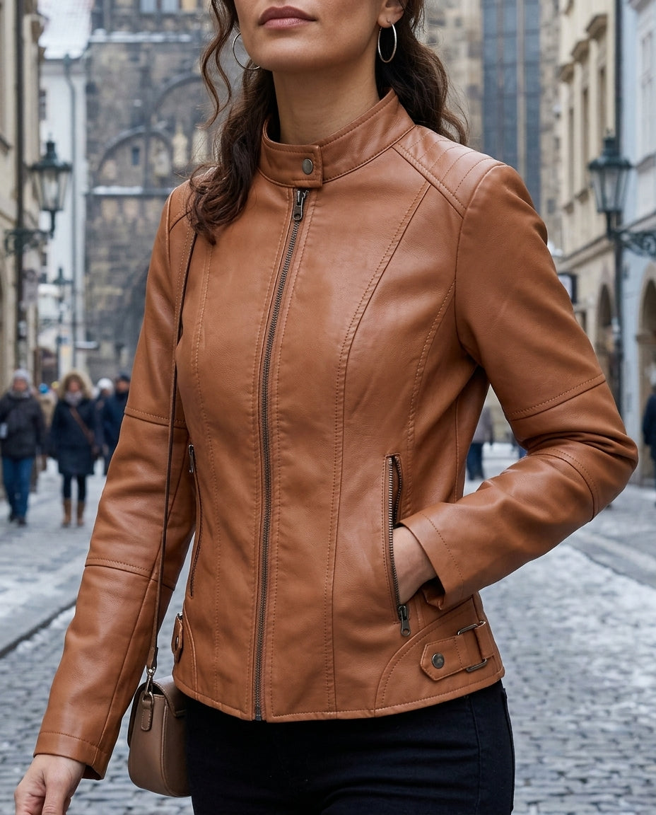 Veste de moto en cuir pour femme - Modèle cintré avec fermeture éclair et boucle - Veste courte de motarde noire | Sansoti