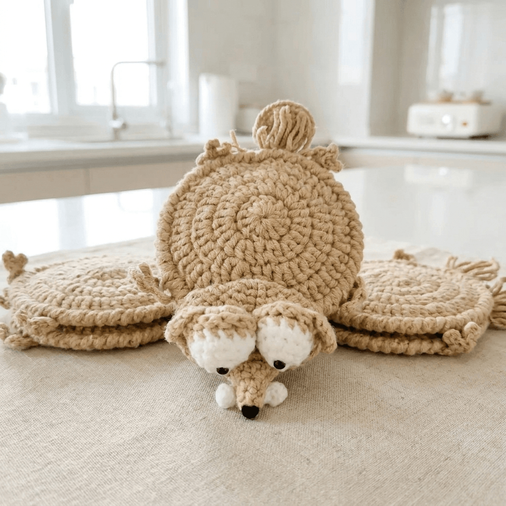 Hand-Crocheted Squirrel Coaster, Set of 2, Tea Mug Table Accessories, Coffee Mug Mat, Teatime | Sansoti