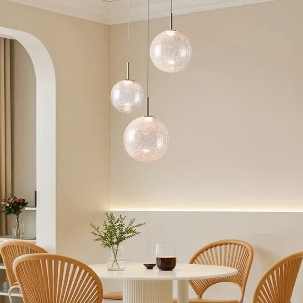 Suspension ronde à boules en verre, laiton et verre craquelé, réglable pour pièces à hauts plafonds, lustre LED | Sansoti