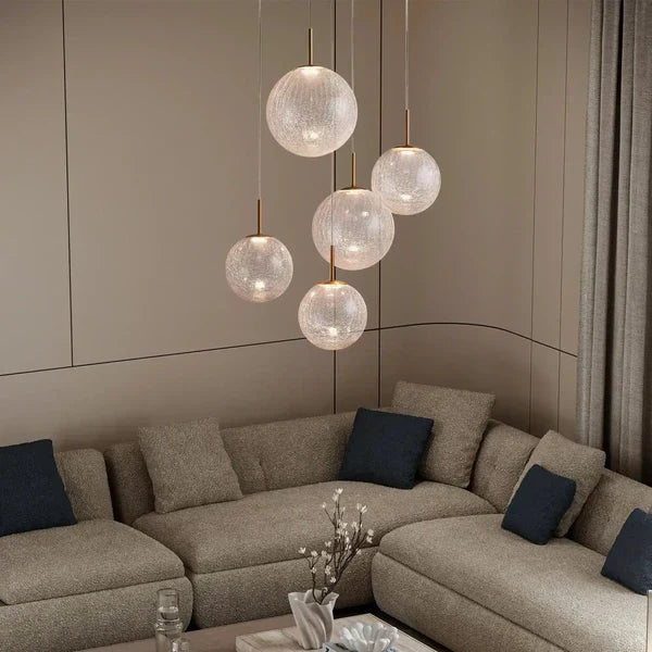 Suspension ronde à boules en verre, laiton et verre craquelé, réglable pour pièces à hauts plafonds, lustre LED | Sansoti
