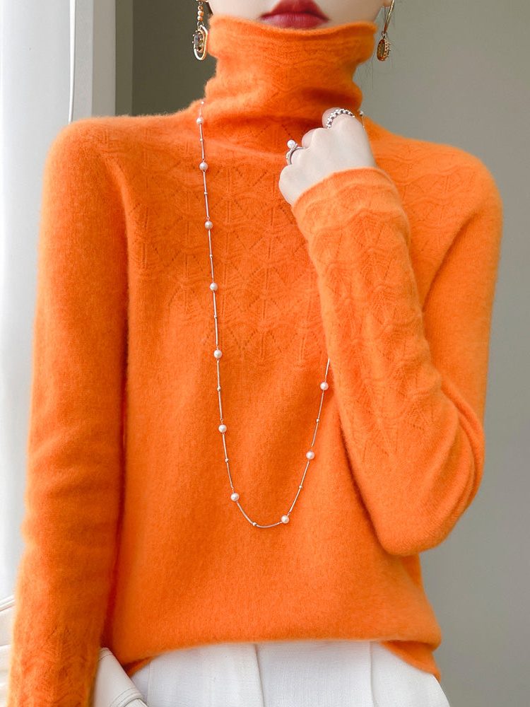 Cashmere Turtleneck Sweater with Openwork Knit, Women's Sweater, Warm, Soft, Relaxed Fit, Knitted Collar, Elegant Winter Sweater | Sansoti