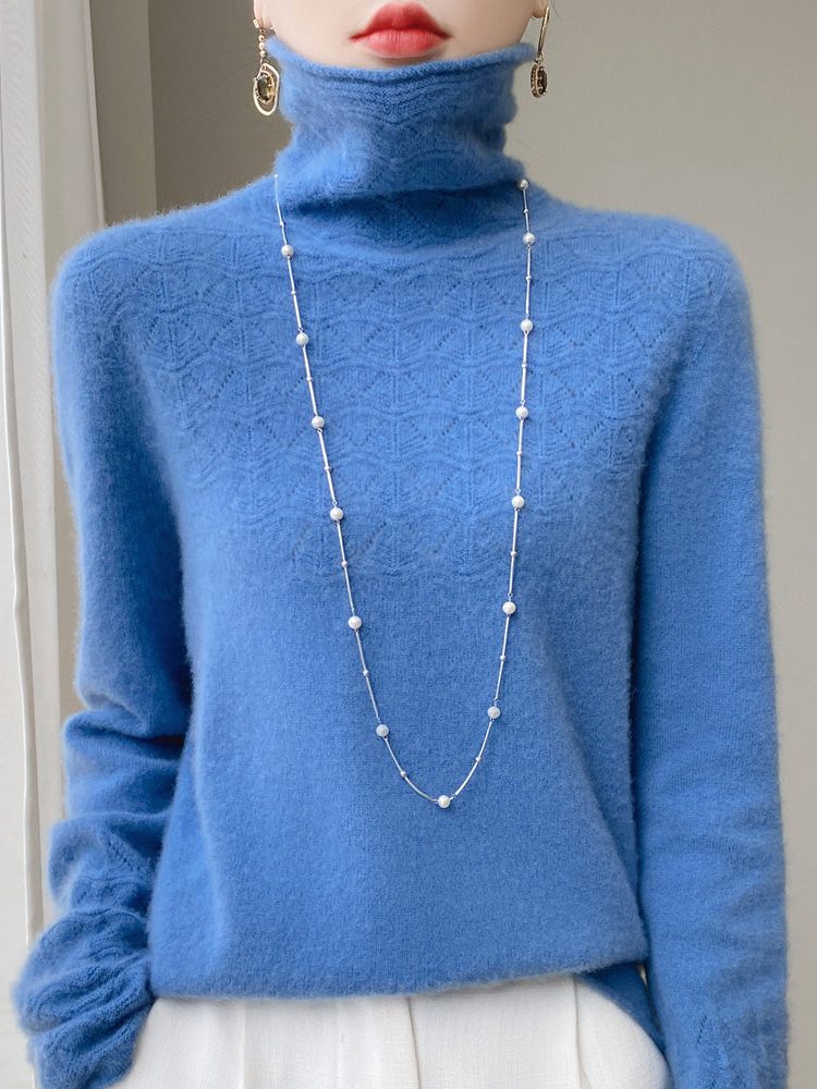 Cashmere Turtleneck Sweater with Openwork Knit, Women's Sweater, Warm, Soft, Relaxed Fit, Knitted Collar, Elegant Winter Sweater | Sansoti
