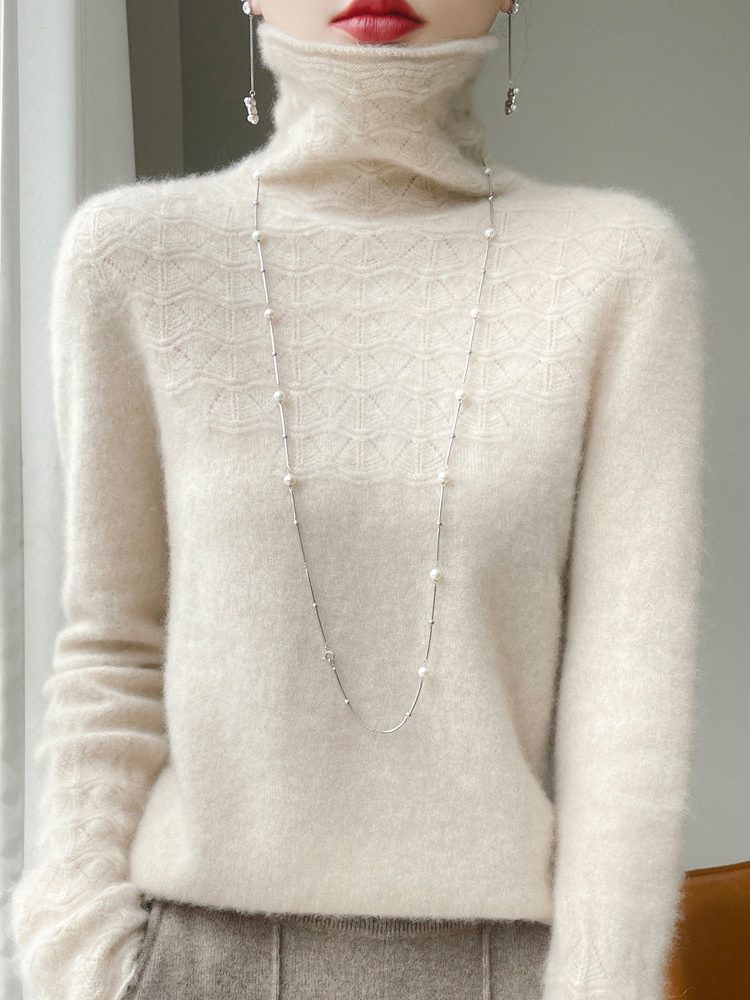 Cashmere Turtleneck Sweater with Openwork Knit, Women's Sweater, Warm, Soft, Relaxed Fit, Knitted Collar, Elegant Winter Sweater | Sansoti