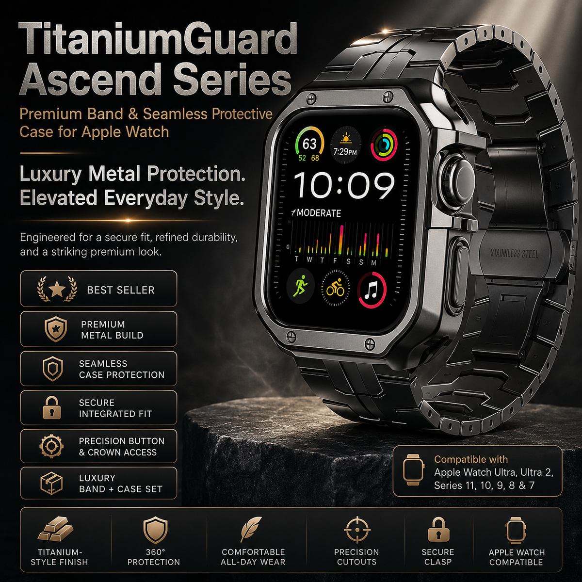 Metal Link Bracelet with Protective Case for Smartwatch 42mm 46mm 49mm Titanium Finish Watch Band Accessory | Sansoti