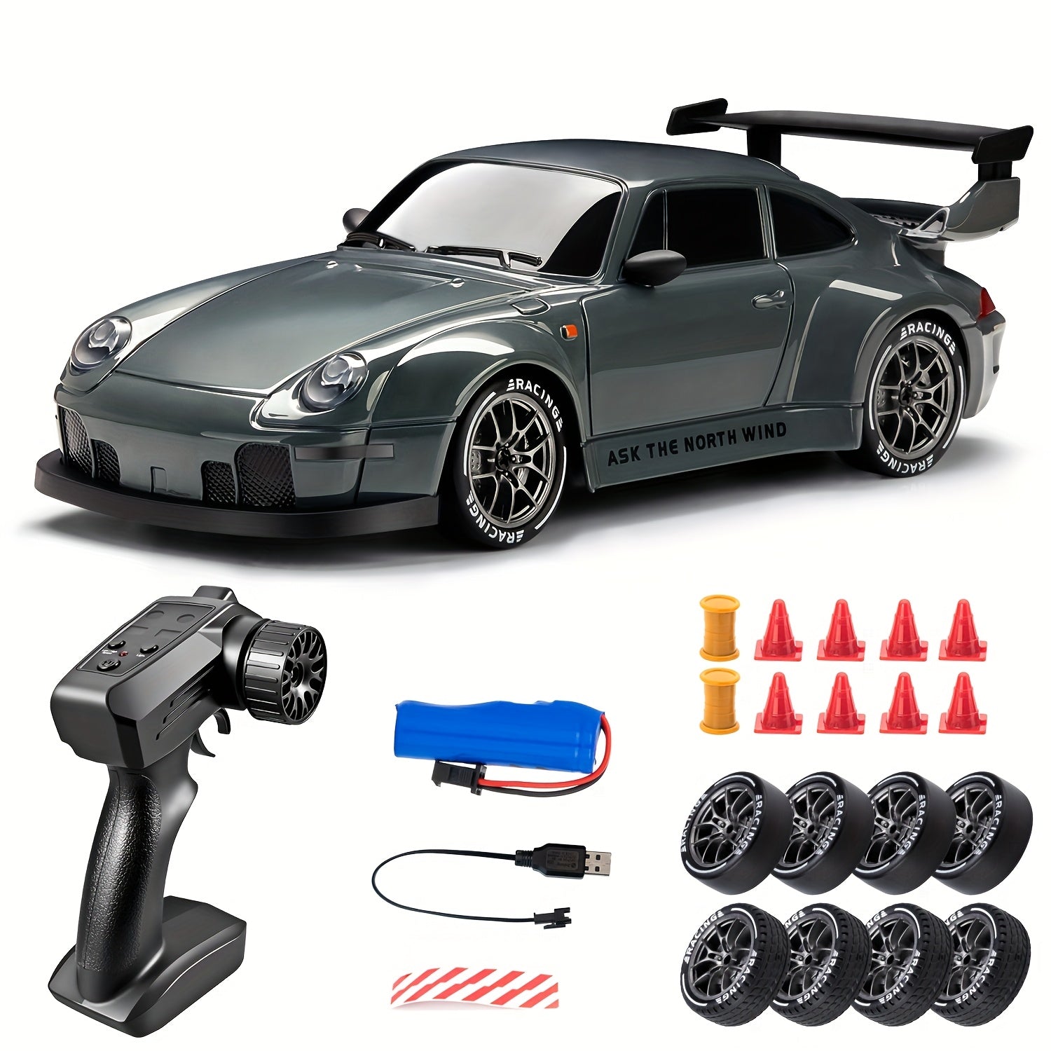 RC drift auto 1:24 4WD grijs met verlichte wielen afstandsbediening extra banden driftauto speelgoed auto usb oplaadbaar | Sansoti