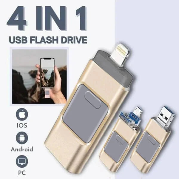 4-in-1 USB-Stick met Meervoudige Aansluitingen Zwart Zilver Goud Roze voor Smartphone Tablet Laptop iPhone Android | Snelle Datatransfer Opslagstick Universele Compatibiliteit iOS Windows Mac Backup | Sansoti