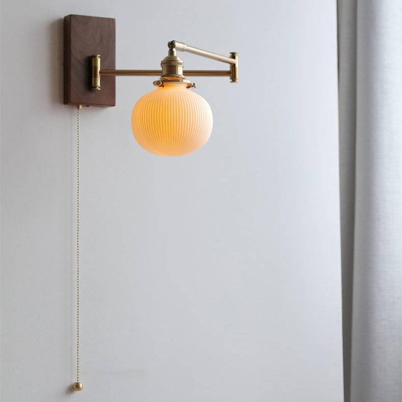 Wall lamp with adjustable arm, ceramic, wood, brass, reading light, swiveling, bedroom, vintage ambient lighting | Sansoti