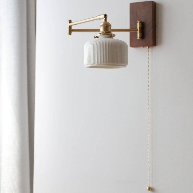 Wall lamp with adjustable arm, ceramic, wood, brass, reading light, swiveling, bedroom, vintage ambient lighting | Sansoti