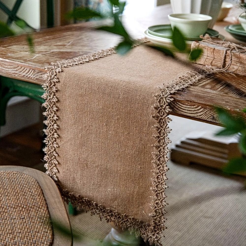 Tafelloper jute 30x180 cm beige eettafel decoratie rustiek boho tafellinnen tafel styling interieur | Sansoti