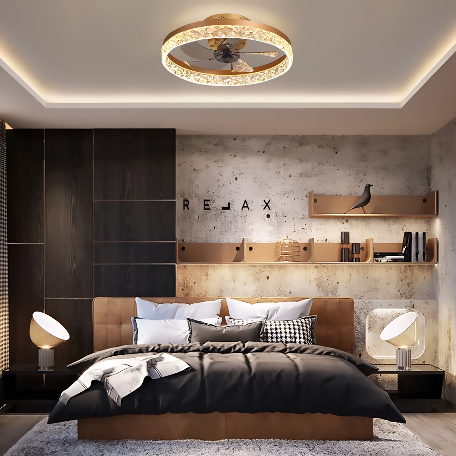 Ventilateur de Plafond avec Éclairage Rond LED Dimmable Télécommande Noir Or Blanc Moderne | Restfield