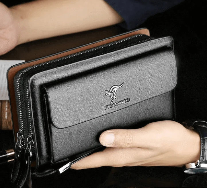 Pochette compacte pour homme avec dragonne, noir et marron, similicuir, compartiments, porte-cartes, portefeuille, organiseur, fermeture éclair | Sansoti