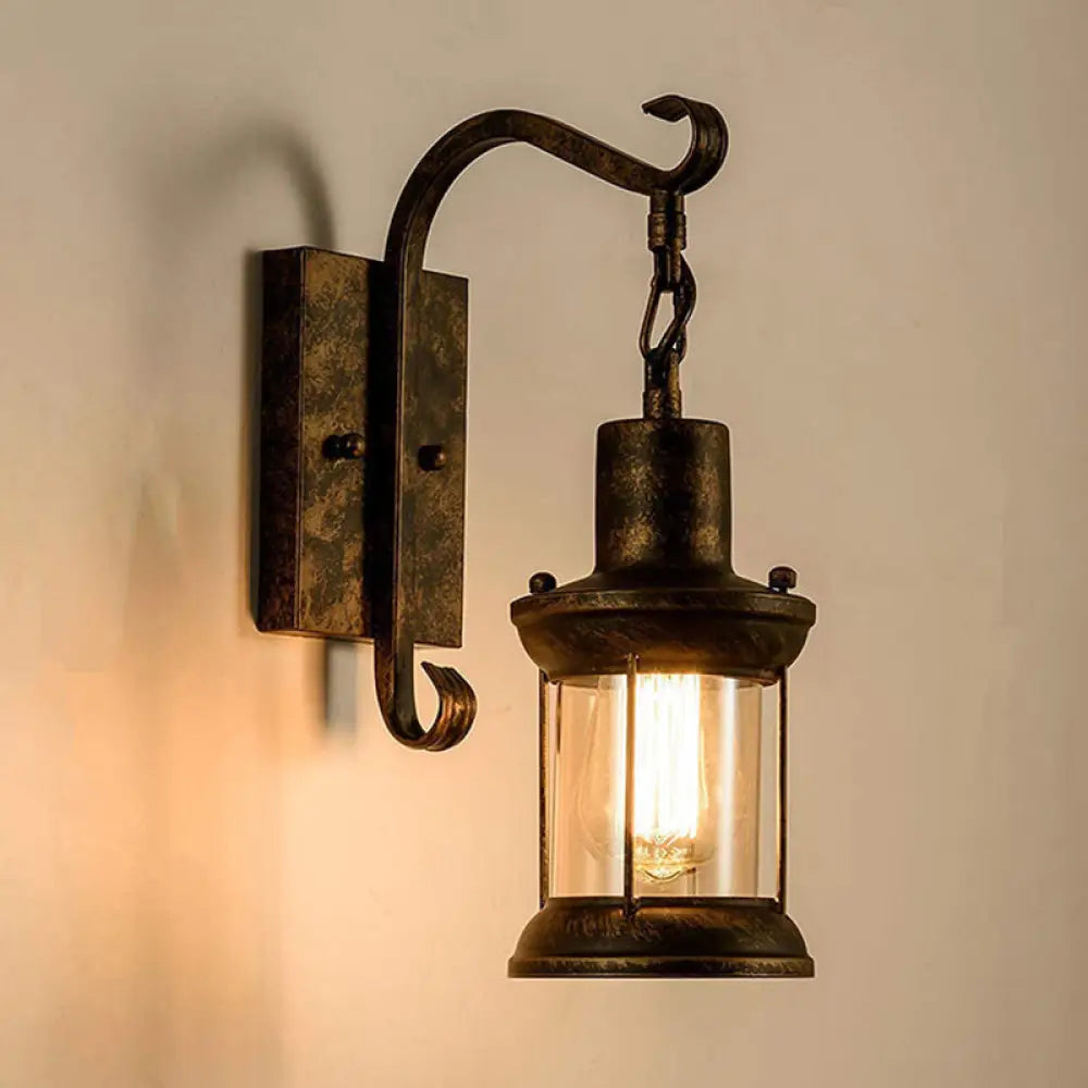 Wandleuchte mit Glaslaterne und gebogenem Arm, Bronze Schwarz, Industriedesign für Esszimmer, Wohnzimmer und Flur, stimmungsvolle Beleuchtung | Sansoti