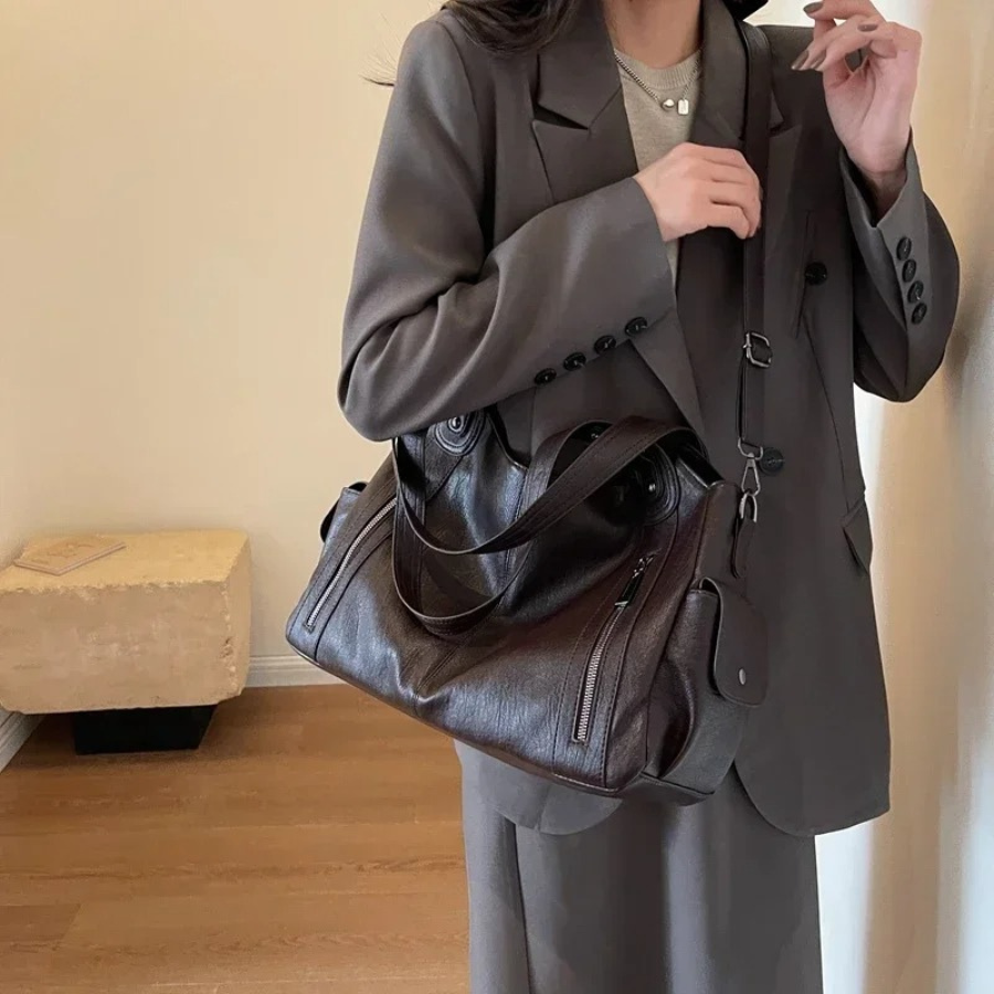 Women's Shoulder Bag with Spacious Interior Pockets Cognac Black Espresso Work Laptop Casual Travel Everyday | Sansoti