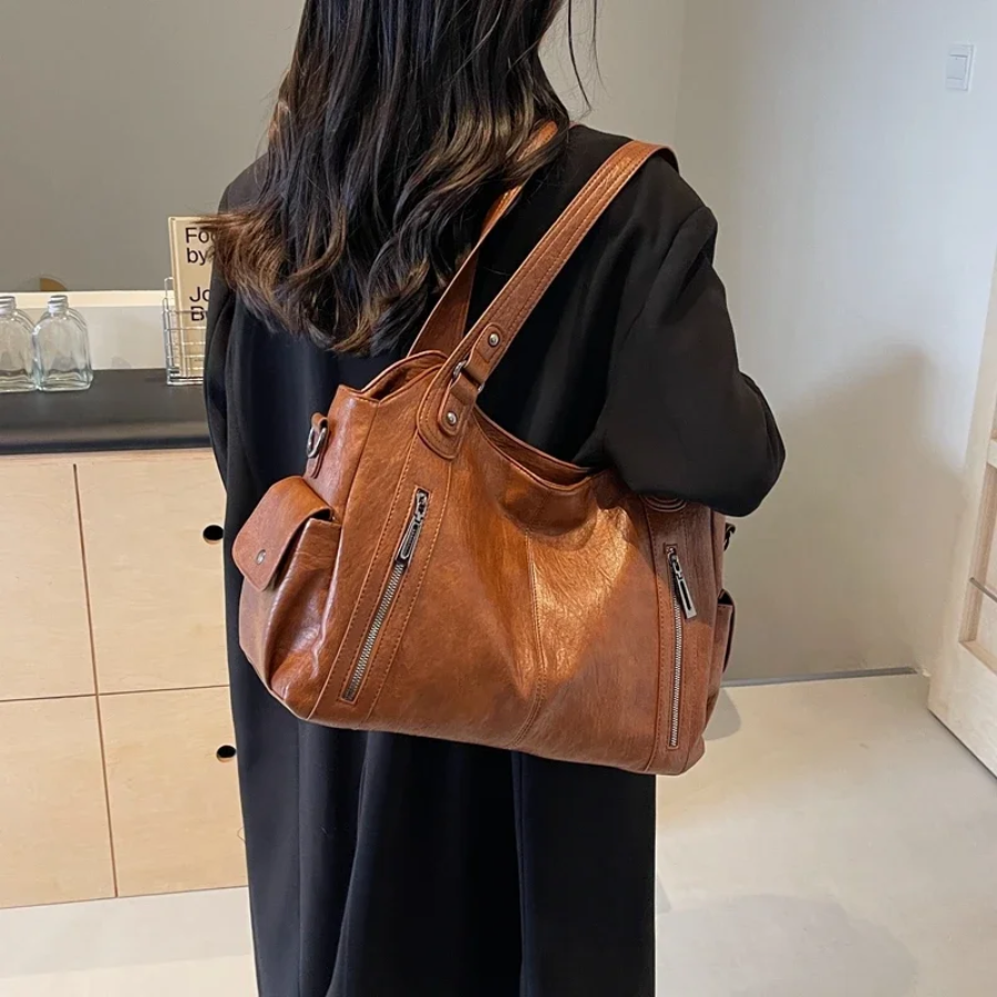 Women's Shoulder Bag with Spacious Interior Pockets Cognac Black Espresso Work Laptop Casual Travel Everyday | Sansoti