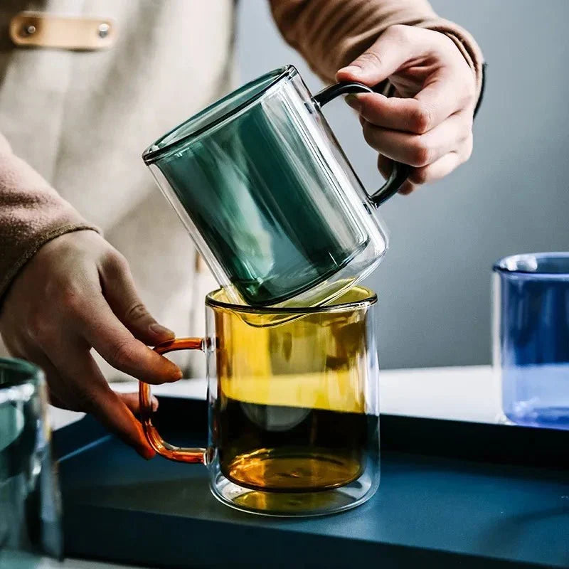 Thermischer Kaffeebecher aus Glas mit doppelwandiger Isolierung, 350 ml, Warmhaltebecher für Tee, Latte und Cappuccino, ergonomischer Griff | Sansoti