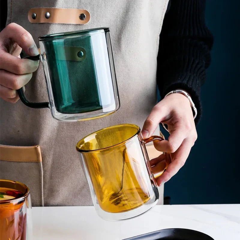 Thermischer Kaffeebecher aus Glas mit doppelwandiger Isolierung, 350 ml, Warmhaltebecher für Tee, Latte und Cappuccino, ergonomischer Griff | Sansoti