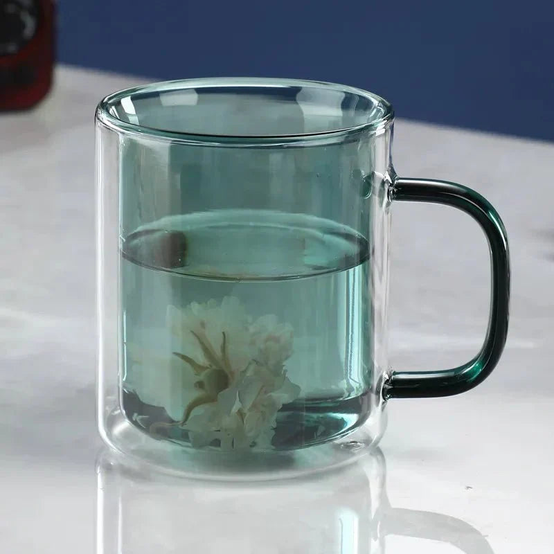 Thermischer Kaffeebecher aus Glas mit doppelwandiger Isolierung, 350 ml, Warmhaltebecher für Tee, Latte und Cappuccino, ergonomischer Griff | Sansoti