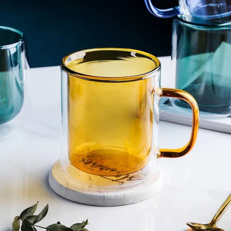 Thermischer Kaffeebecher aus Glas mit doppelwandiger Isolierung, 350 ml, Warmhaltebecher für Tee, Latte und Cappuccino, ergonomischer Griff | Sansoti