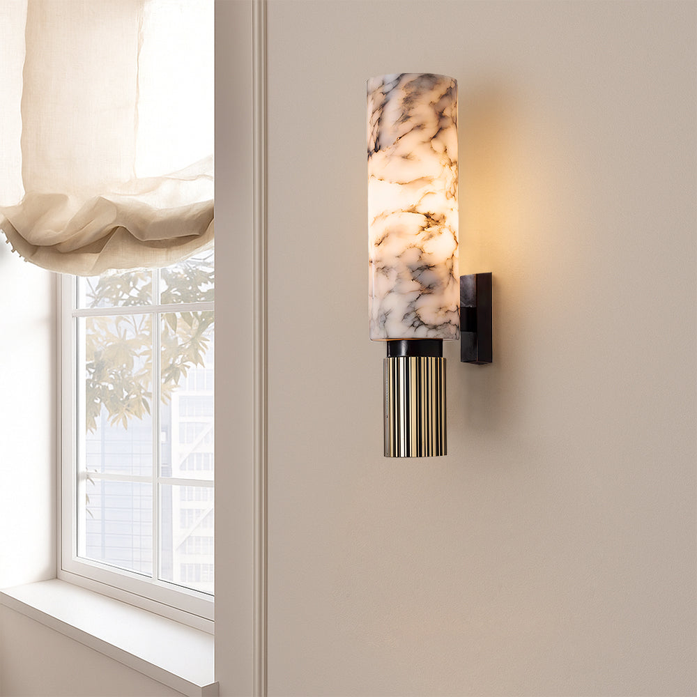 Lampa ścienna z marmuru i miedzi, pionowa, ciepłe białe światło 3000K, nastrojowa, do salonu, sypialni i korytarza, unikatowy design | Sansoti