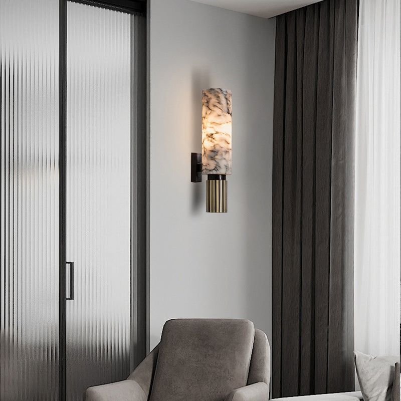 Lampa ścienna z marmuru i miedzi, pionowa, ciepłe białe światło 3000K, nastrojowa, do salonu, sypialni i korytarza, unikatowy design | Sansoti