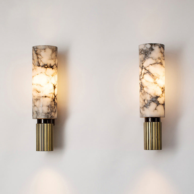 Lampa ścienna z marmuru i miedzi, pionowa, ciepłe białe światło 3000K, nastrojowa, do salonu, sypialni i korytarza, unikatowy design | Sansoti