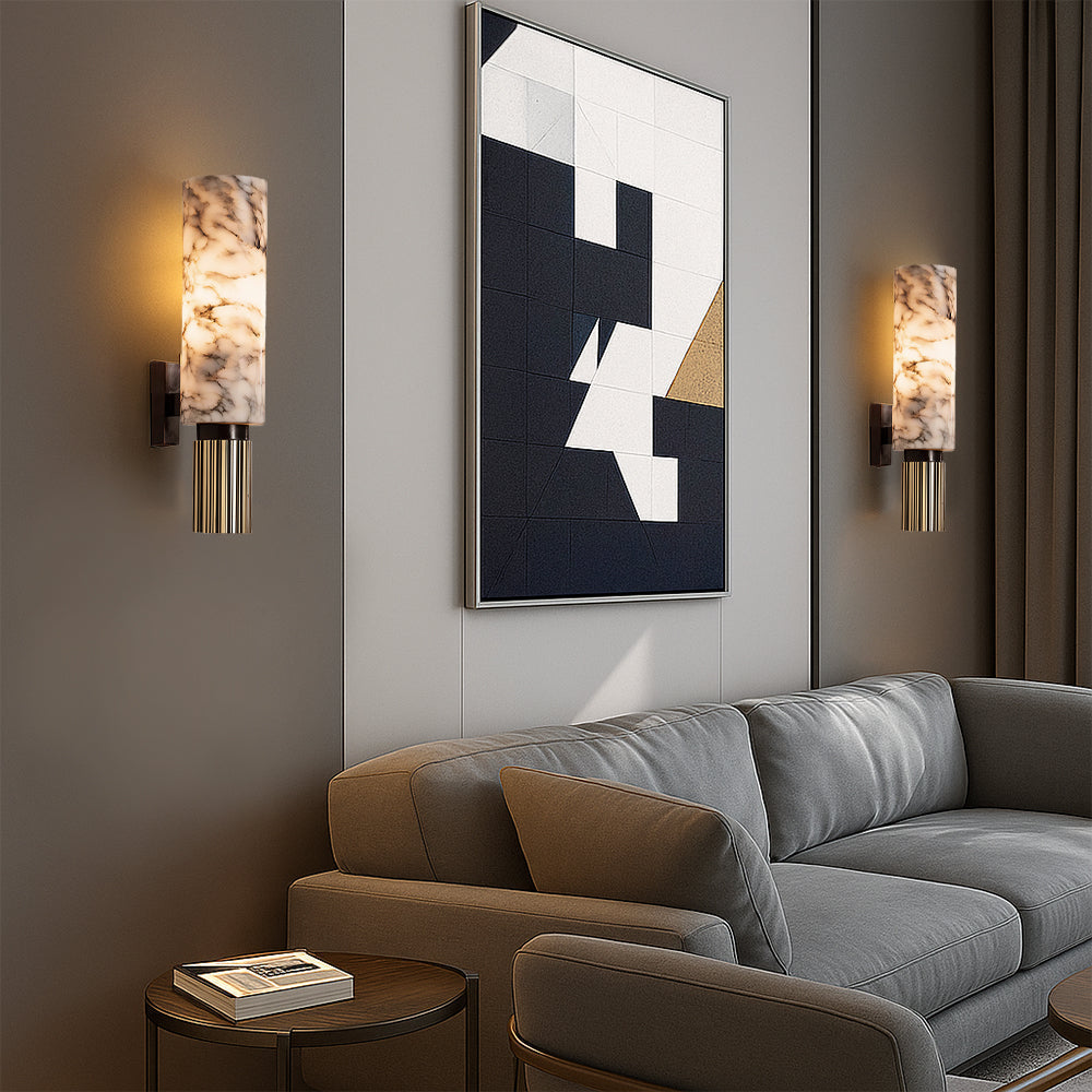 Lampa ścienna z marmuru i miedzi, pionowa, ciepłe białe światło 3000K, nastrojowa, do salonu, sypialni i korytarza, unikatowy design | Sansoti