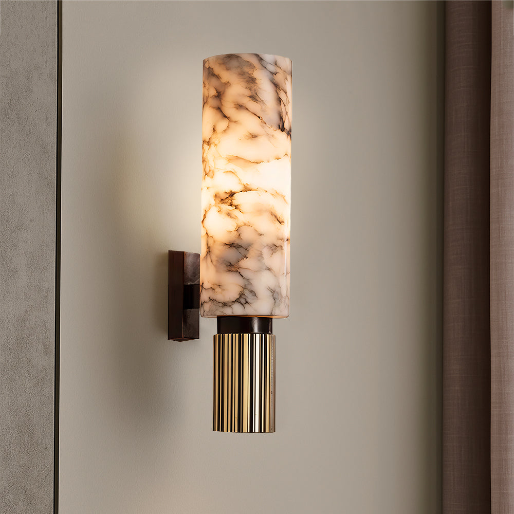 Lampa ścienna z marmuru i miedzi, pionowa, ciepłe białe światło 3000K, nastrojowa, do salonu, sypialni i korytarza, unikatowy design | Sansoti