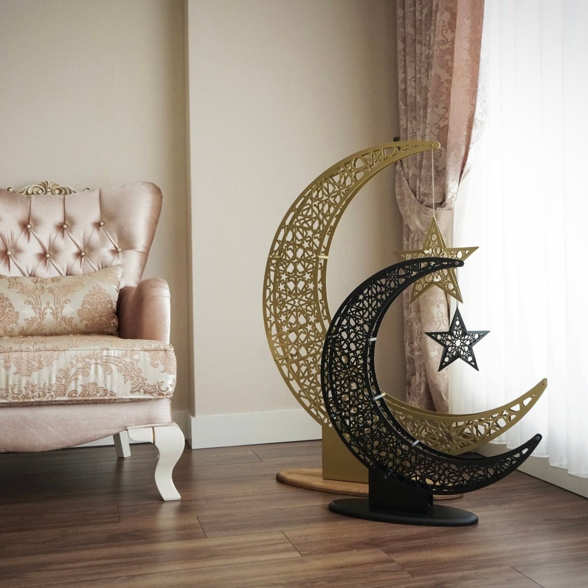 Islamitische Maan & Ster Wanddecoratie — Metalen Ramadan Ornament in Goud of Zwart | Sansoti