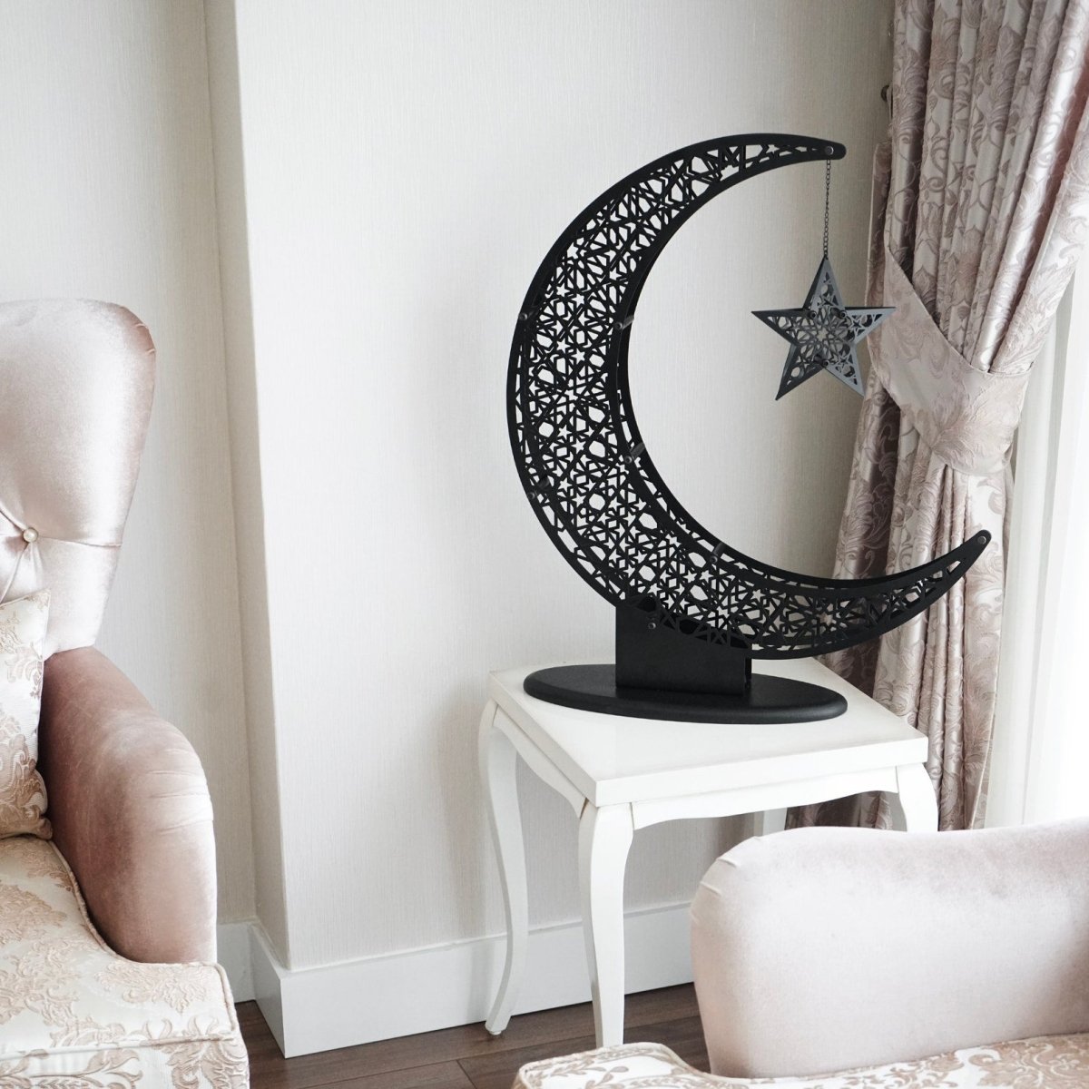 Islamitische Maan & Ster Wanddecoratie — Metalen Ramadan Ornament in Goud of Zwart | Sansoti