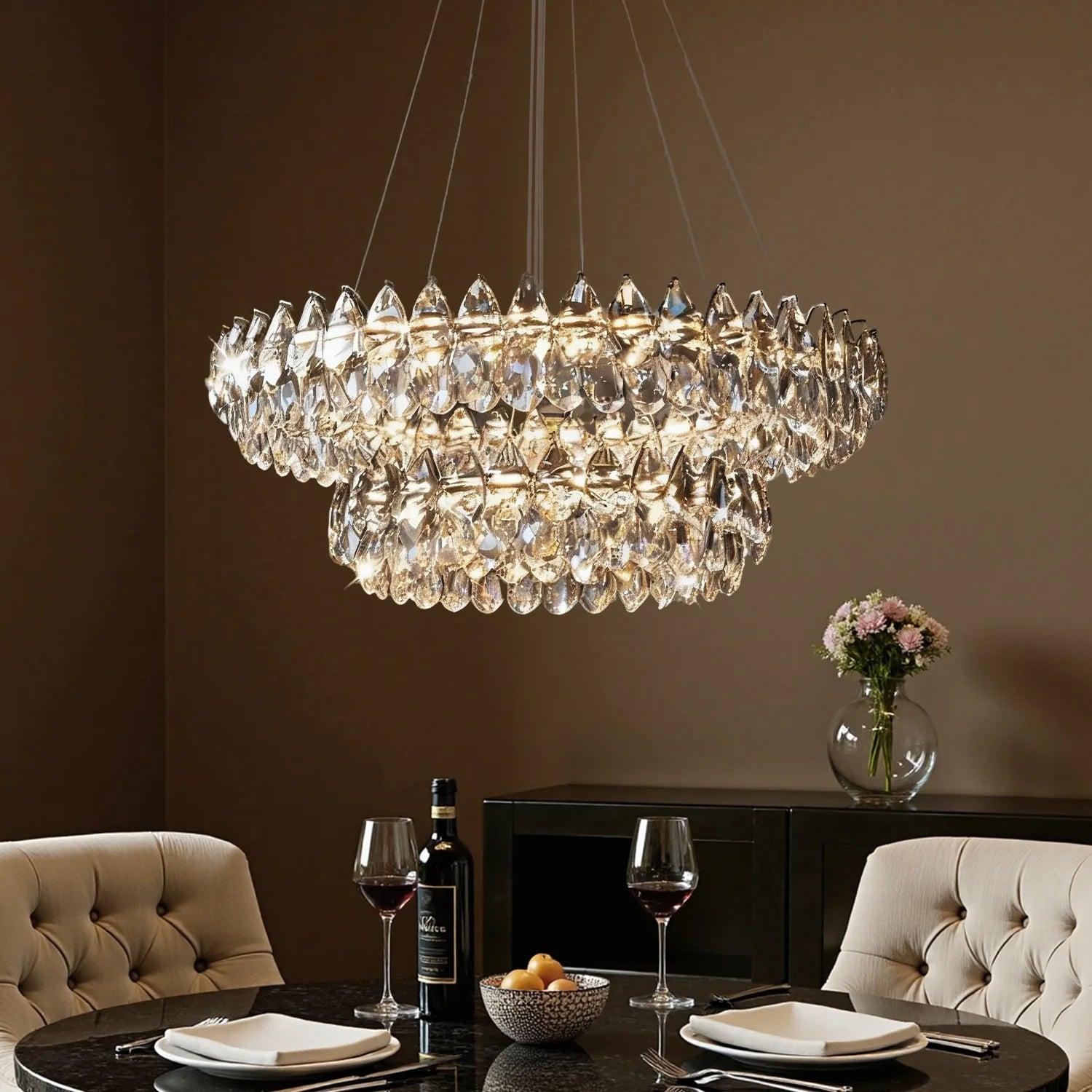 Kristall-Kronleuchter Doppelring Wassertropfen LED Chrom Modern Wohnzimmer Esszimmer Luxus | Restfield