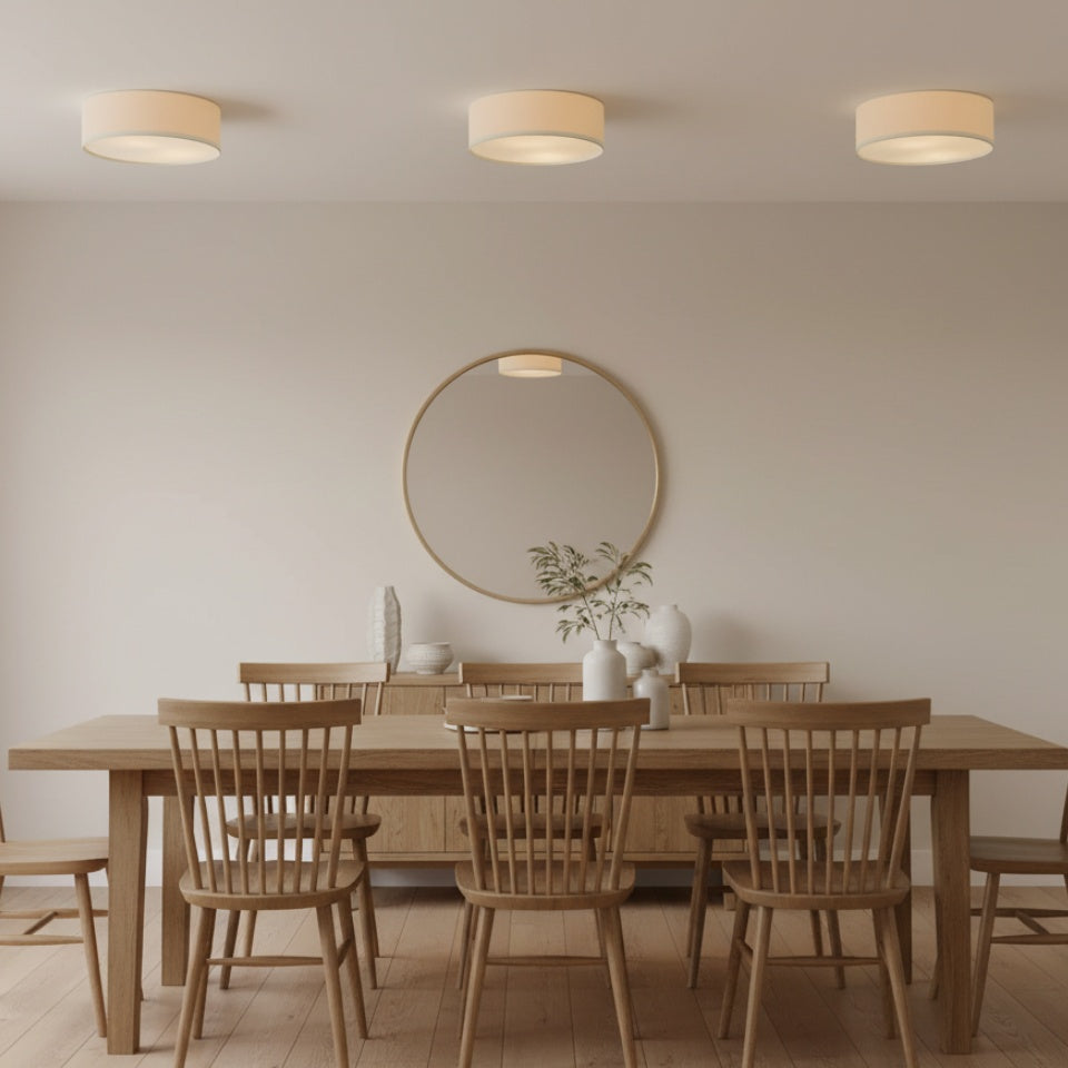 Linen ceiling lamp with drum shade, modern design, E27 socket, Scandinavian style, bedroom, living room | Sansoti
