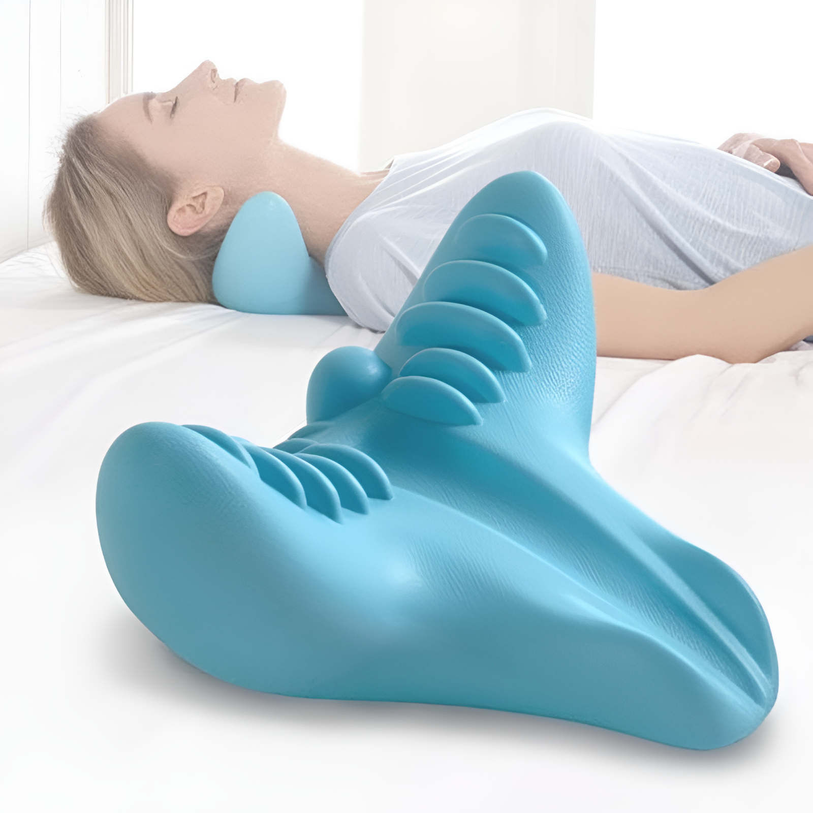 Coussin de massage pour cou ergonomique en EVA bleu 21,5x20x11 cm, étirement et relaxation du cou | Restfield