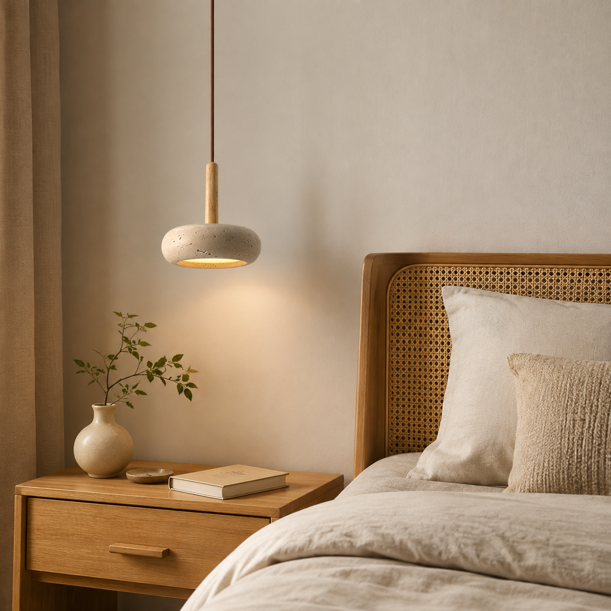 Hanglamp Japanse Stijl LED Natuursteen Hout Verstelbaar Ø15cm Warm Licht Woonkamer Eetkamer Sfeervol | Sansoti