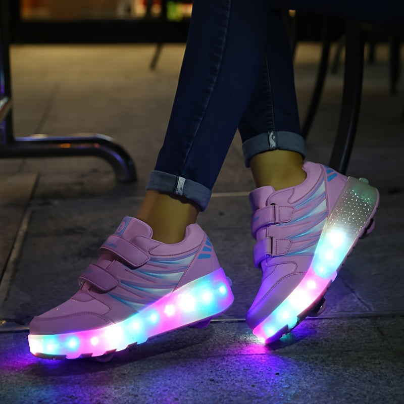 Roller sneakers kinderen LED kunstleer roze met wieltjes afneembaar schoenen skates lichtgevende kinderschoenen | Sansoti
