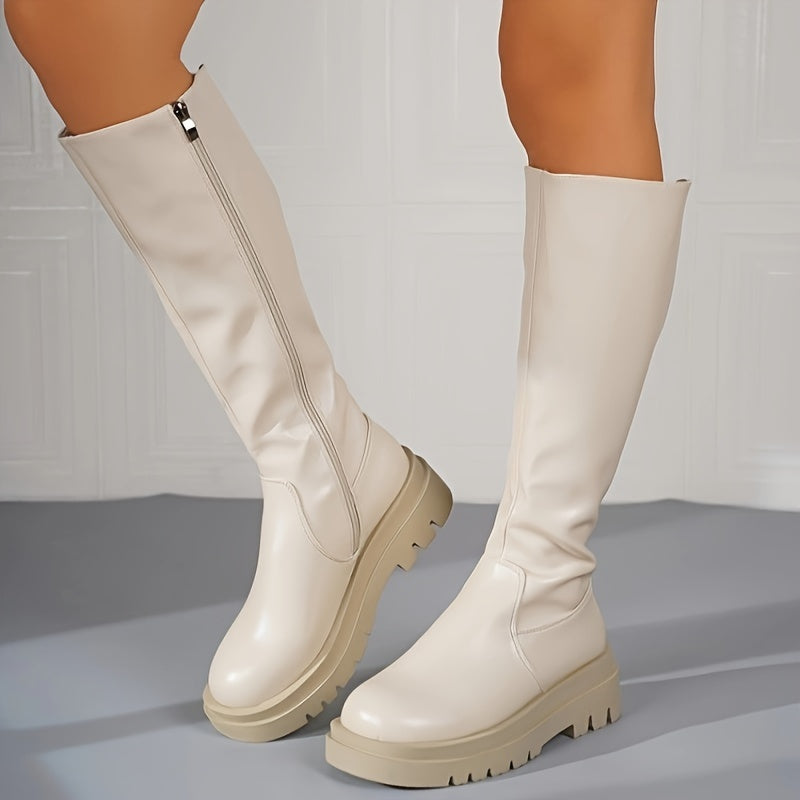 Women's Knee-High Boots Mid Heel Beige Zipper Design Soft Lined Winter Footwear Elegant Women's Boots | Sansoti