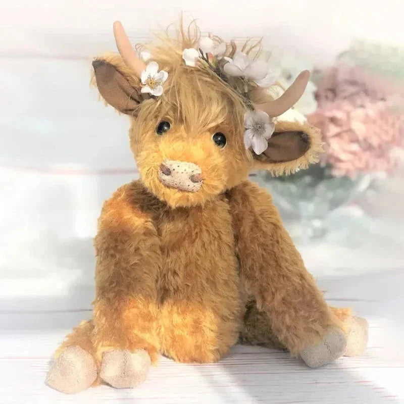 Peluche vache des Highlands avec couronne de fleurs, faite main, en laine d’alpaga, figurine décorative de 25cm, vache écossaise, accessoire de décoration intérieure | Sansoti