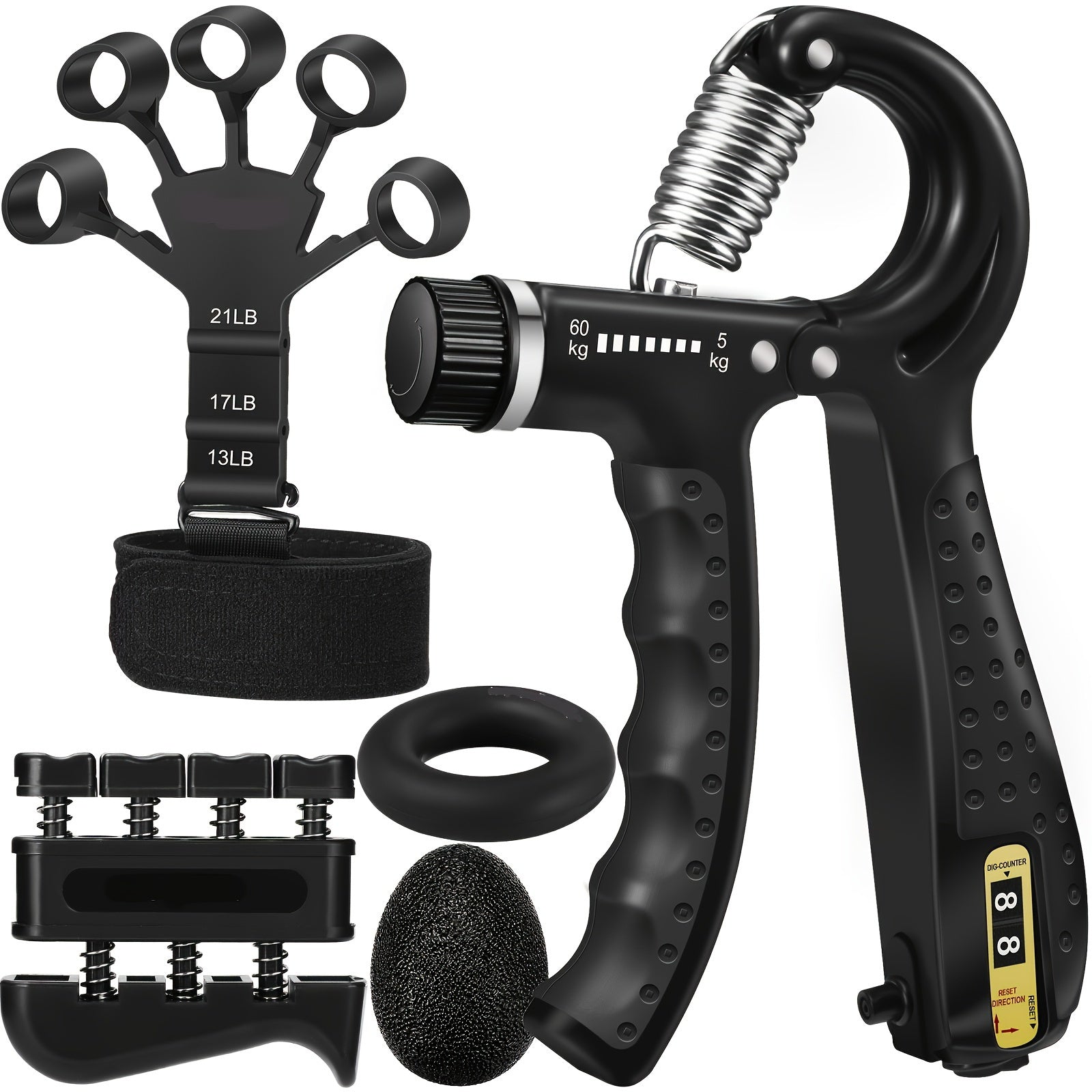Handtrainer Set 5-in-1 voor Grip en Onderarmkracht Verstelbaar Weerstand met Vingertrainer en Krachtrubberbal | Sansoti