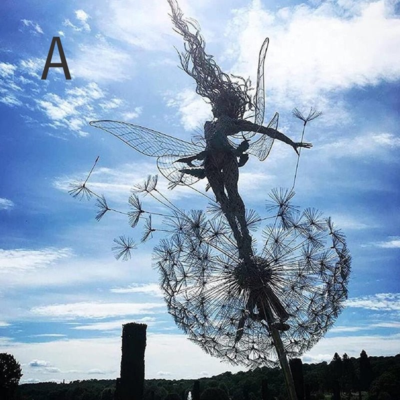 Feë Tuinspinner met Paardenbloem – Windspinner Tuindecoratie 25 cm – IJzeren Tuinsteker met Draaiend Feëfiguur en Paardenbloembloemen – Weervaste Tuinversiering voor Bloembedden en Paden | Sansoti