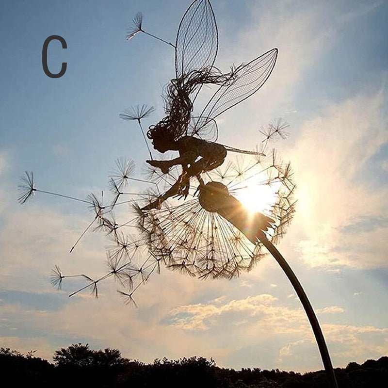 Feë Tuinspinner met Paardenbloem – Windspinner Tuindecoratie 25 cm – IJzeren Tuinsteker met Draaiend Feëfiguur en Paardenbloembloemen – Weervaste Tuinversiering voor Bloembedden en Paden | Sansoti