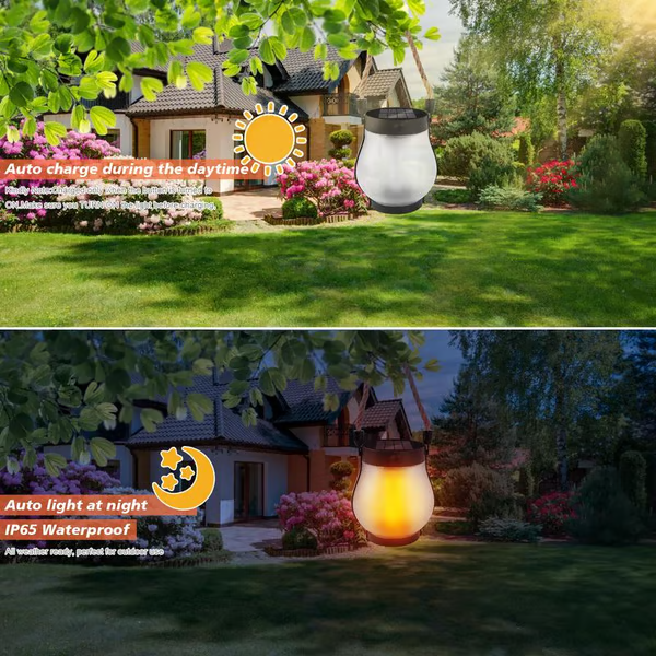 Solar Tuinlantaarn met Flakkerend Vlameffect Buitenverlichting Oplaadbaar Decoratief Metaal Brons Tuin | Sansoti